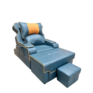 Dark Blue Leather Electric Pedicure Massage Sofa with Orange Neck Cushion & Gold Decorative Piping, Adjustable Backrest & Separate Lifting Footstool Commercial Spa Recliner with German OKIN Silent Motor