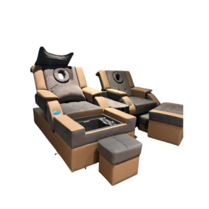 2-Seat Two-Tone Grey & Tan Leather Electric Pedicure Massage Sofa Set with Hollow Neck Cutout & Middle Storage Console, Adjustable Backrest & Lifting Footstools Commercial Spa Recliner with German OKIN Silent Motor