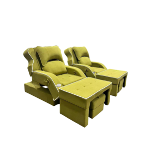 2-Seat Olive Green Suede Electric Pedicure Massage Sofa Set with White Piping, Adjustable Backrest & Lifting Footstools Commercial Spa Recliner with German OKIN Silent Motor