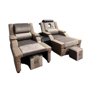 Dual-Seat Rattan Texture Electric Pedicure Massage Sofa Set with Middle Storage Console, Adjustable Backrest & Independent Lifting Footstool Commercial Spa Recliner with German OKIN Silent Motor