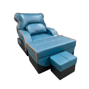 Blue Suede Luxury Electric Pedicure Massage Sofa with Orange Decorative Piping, Adjustable Backrest & Separate Lifting Footstool Commercial Spa Recliner with German OKIN Silent Motor