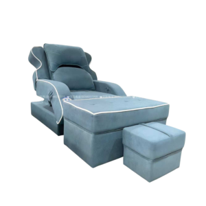 Light Blue Suede Luxury Electric Pedicure Massage Sofa with White Piping Edge, Adjustable Backrest & Separate Lifting Footstool Commercial Spa Recliner with German OKIN Silent Motor