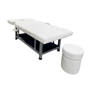 White PU Fixed Chinese Massage Bed with Stainless Steel Frame, Face Hole & Matching Round Stool, Static Spa Therapy Treatment Table for Beauty Salon & Massage Parlor