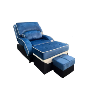 Luxury Blue Suede Electric Pedicure Massage Sofa with White Piping, Adjustable Backrest & Lifting Footstool Commercial Spa Recliner with German OKIN Silent Motor