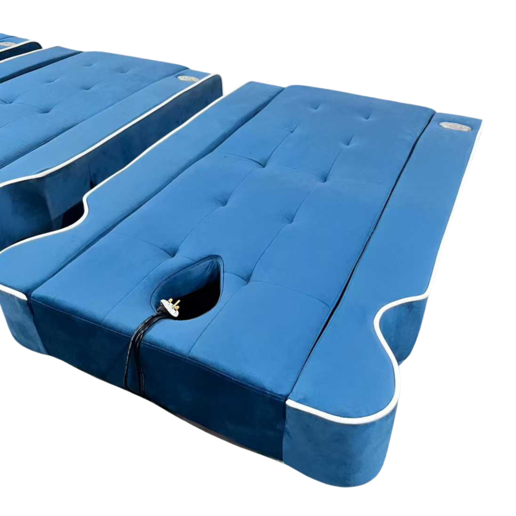 Blue Tufted Suede Electric Massage Bed Mattress with Face Hole & White Piping, Replacement Upholstered Cushion for Adjustable Spa Therapy Massage Table