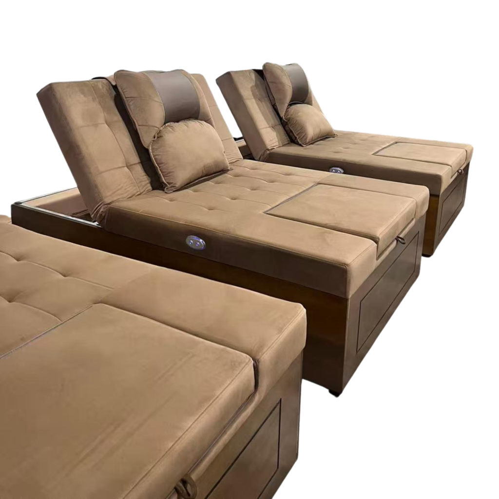 Batch Khaki Suede Electric Adjustable Massage Beds with Wooden Storage Base, Tufted Upholstered Therapy Tables with Lift Backrest for TCM & Beauty Spa