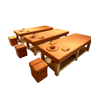 3-Piece Solid Wood Orange PU Chinese Massage Bed Set with Face Hole & Matching Storage Stools, Static Therapy Table for TCM Massage Spa Salon