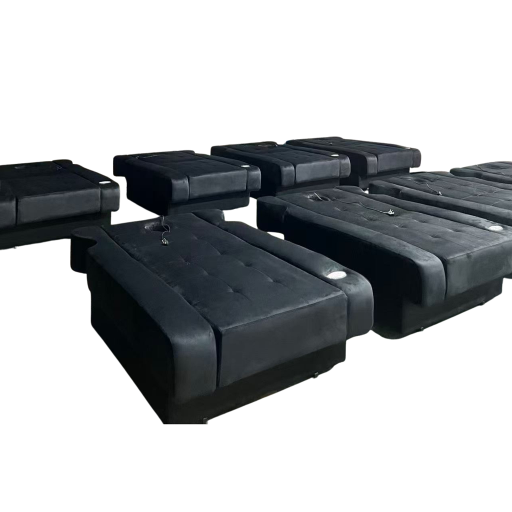 Batch of Full Black Tufted Static Chinese Massage Beds with Face Hole, Solid Base PU Therapy Tables for Commercial Massage Salon & Physiotherapy Spa