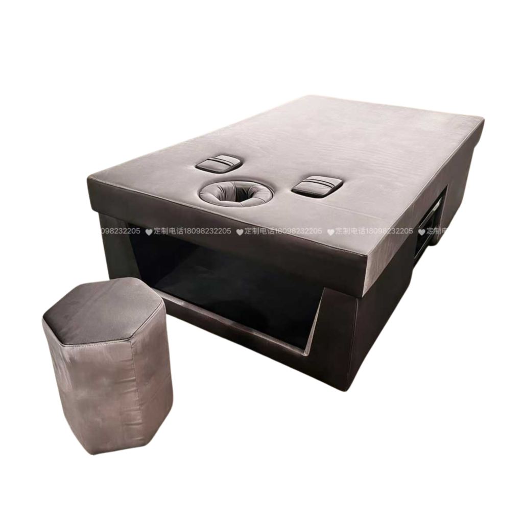 Grey Suede Solid Base Chinese Massage Bed with Hollow Face Hole & Hexagonal Matching Stool, Static Therapy Table for TCM Massage Salon & Beauty Spa